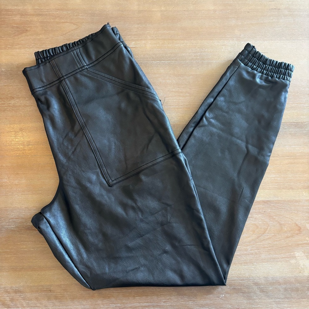 SPANX Faux Leather Jogger Pants High Rise Pull-on Stretch, Black, Size Large